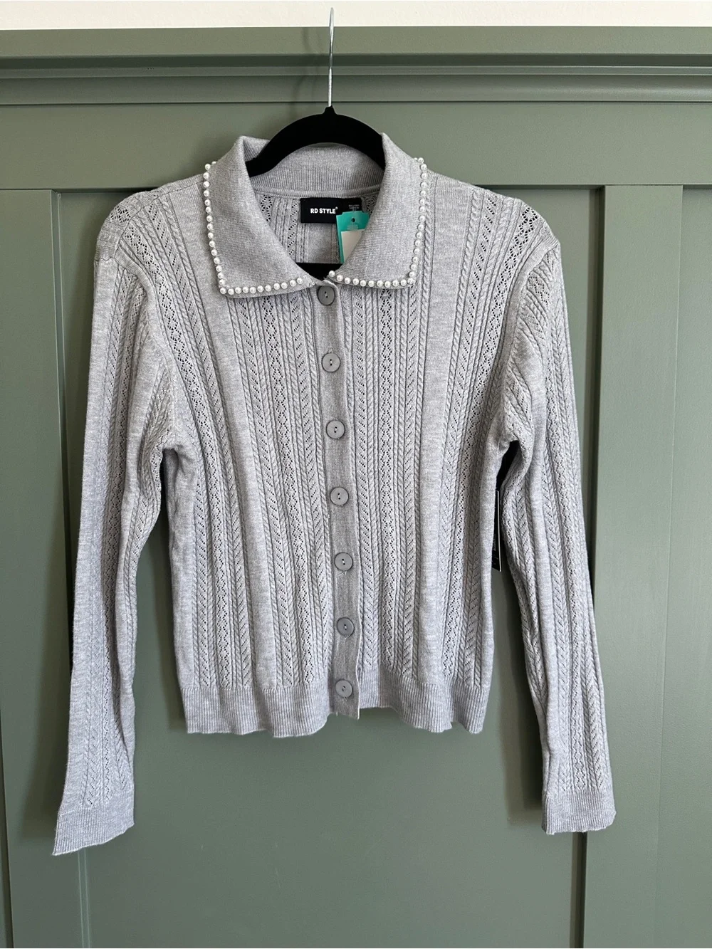 RD Style Avery Light Gray Pearl-Trim Cable Cardigan